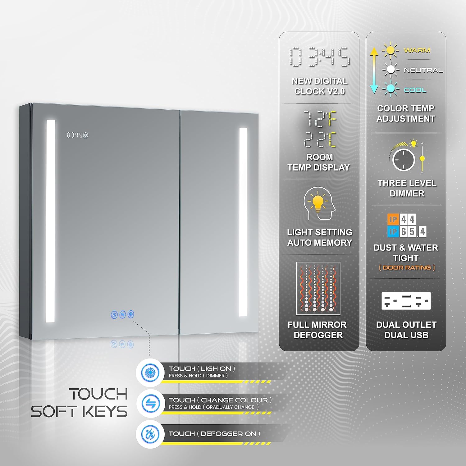 LED Mirror Medicine Cabinet Recessed or Surface, Defogger, Dimmer, Clock, Room Temp Display, Makeup Mirror 3X, Outlets & USBs (Aura 36x30)