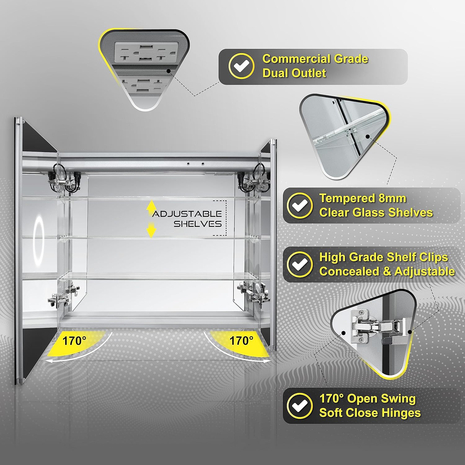 LED Mirror Medicine Cabinet Recessed or Surface, Defogger, Dimmer, Clock, Room Temp Display, Makeup Mirror 3X, Outlets & USBs (Aura 36x30)