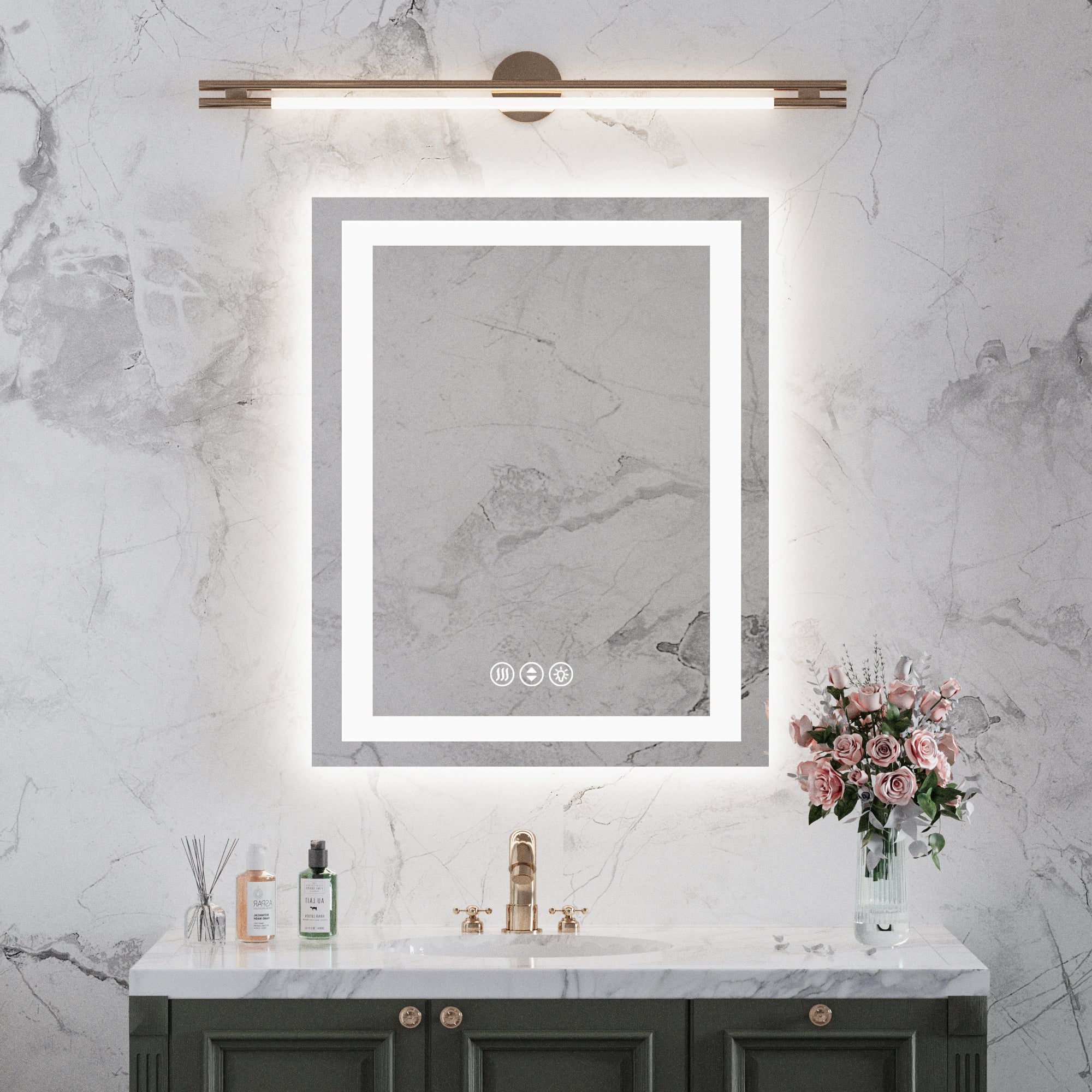 Squared Corners LED Bathroom Mirror for Wall, Front-Lighted, Dimmable, Anti-Fog, 3 Color.