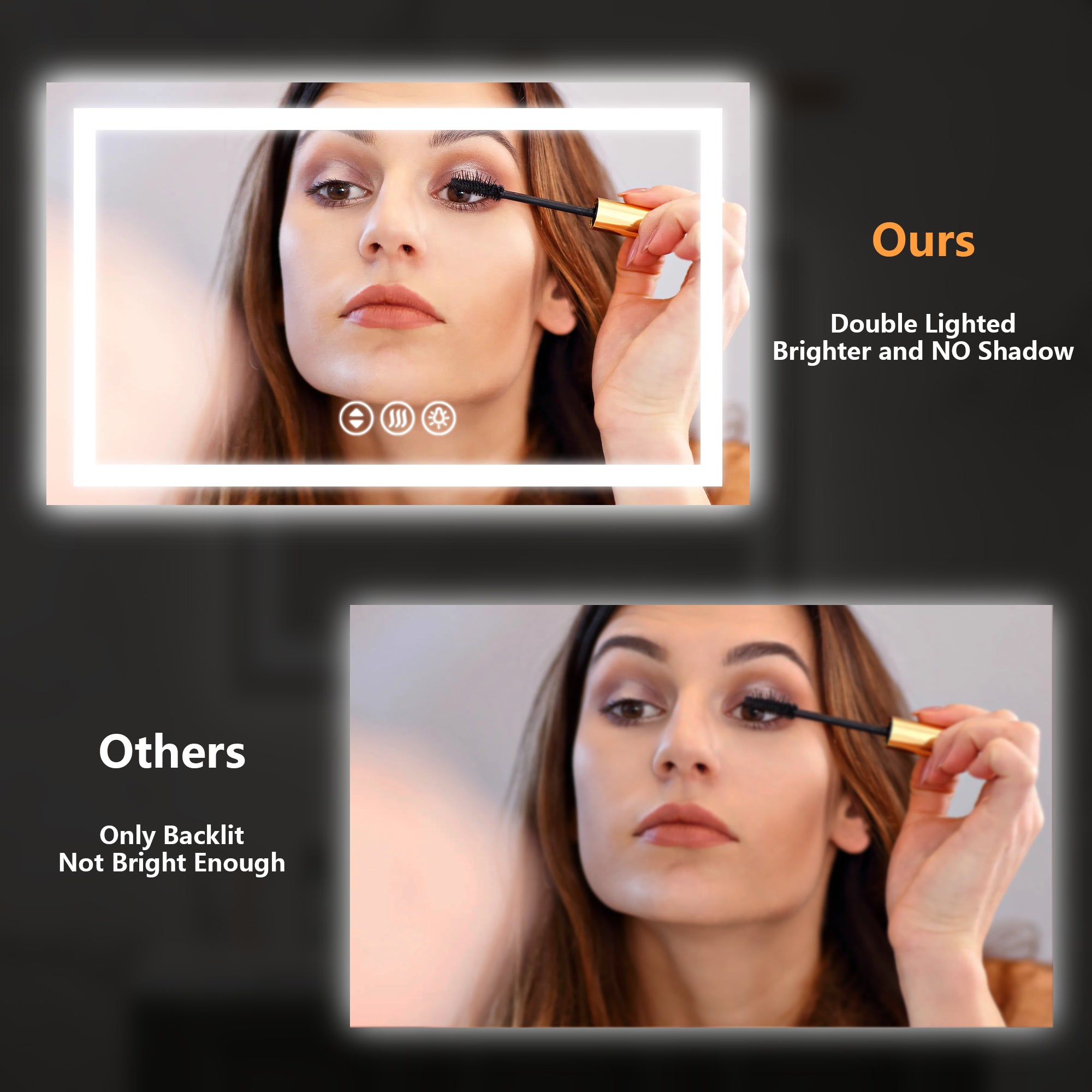 Squared Corners LED Bathroom Mirror for Wall, Front-Lighted, Dimmable, Anti-Fog, 3 Color.