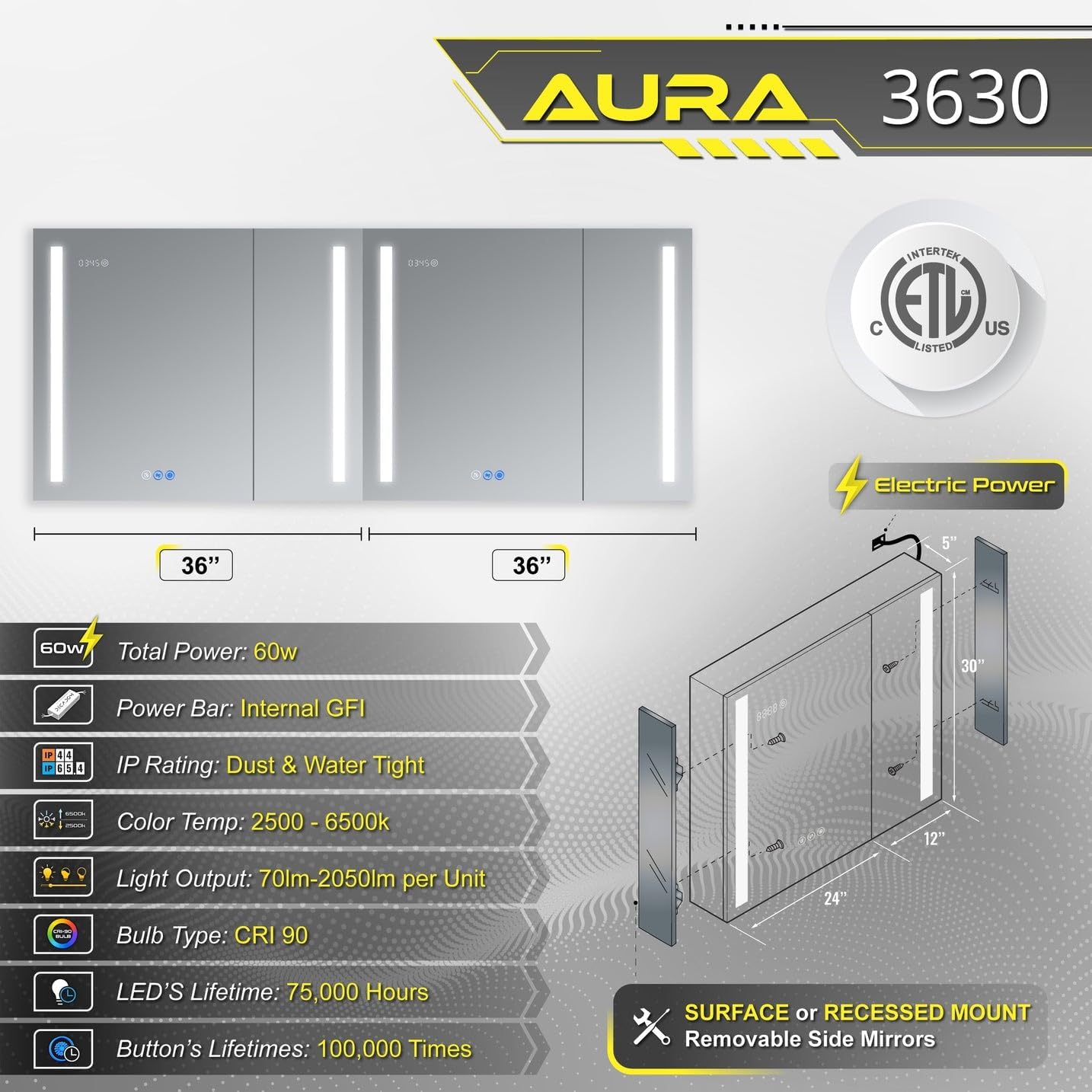 LED Mirror Medicine Cabinet Recessed or Surface, Defogger, Dimmer, Clock, Room Temp Display, Makeup Mirror 3X, Outlets & USBs (Aura 36x30)